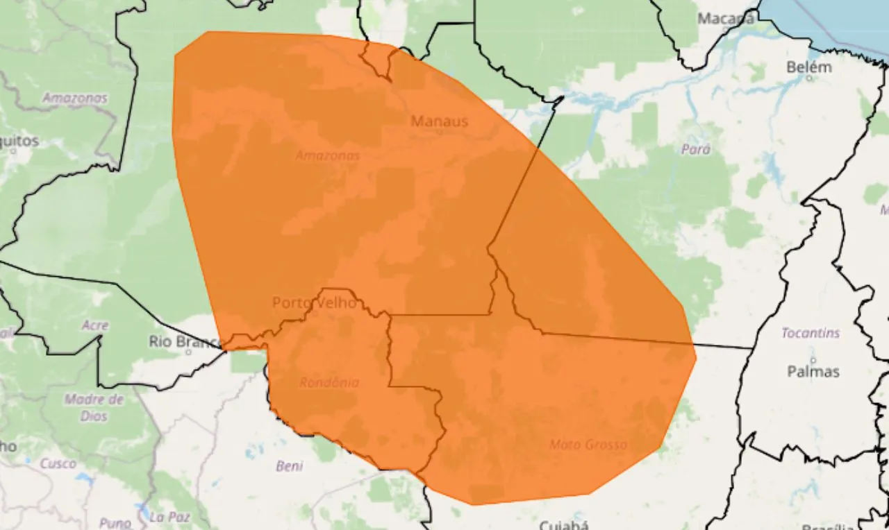 O mapa mostra &agrave;s &aacute;reas em alerta para chuva intensa e ventania